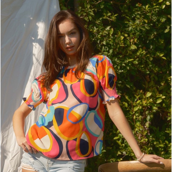 28 Boho Multi Color Print Puffed Sleeve Blouse Top - Picture 2 of 6